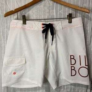 Billabong Women’s board shorts in white and coral accents